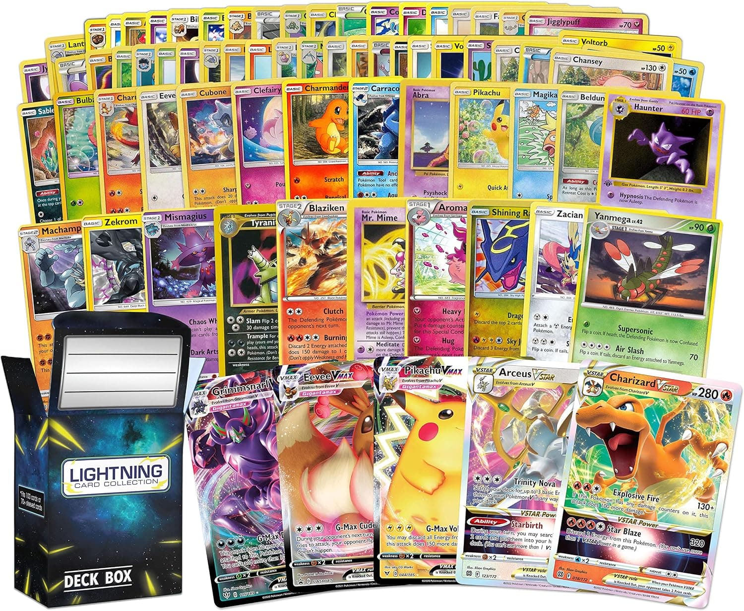 Lightning Card Collection Vmax Pack: 50 Assorted Cards, 2 Rare Cards, 1 Random Vmax or Vstar Card (300 HP or Higher) Plus an LCC Deck Box That is Compatible with Pokemon Cards