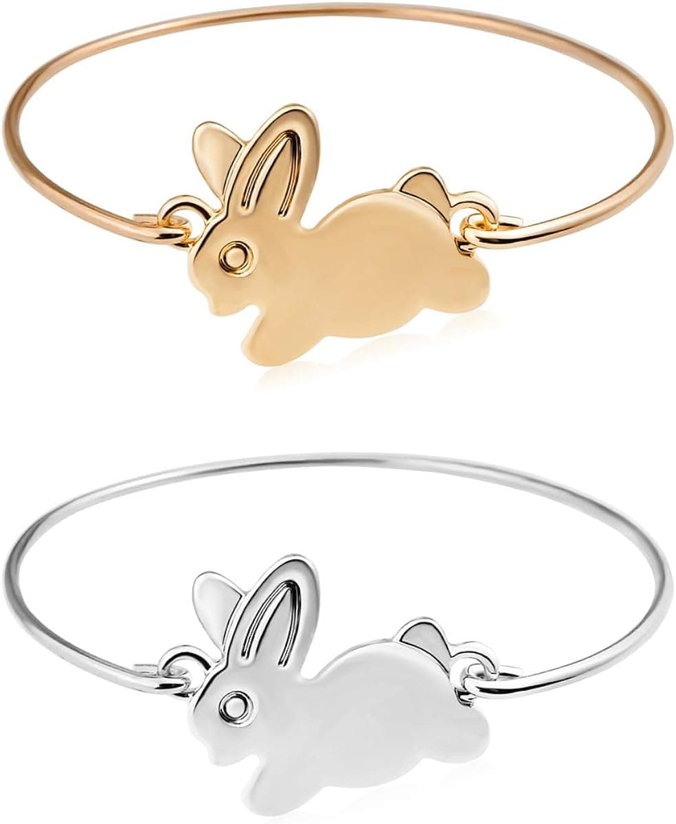 RareLove 2 Pieces Easter Bunny Costume Gifts Rabbit Bangle Bracelets Golden Silver Alloy for Toddlers Girls