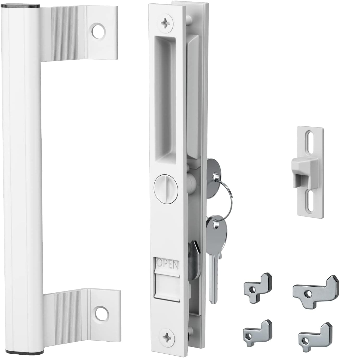 T-HAKEN Sliding Glass Door Handle Set, 6-5/8", White - Patio Door Handle Replacement That is 1 in. to 1-1/8 in. Thick Used on Both Left and Right-Handed. (Keyed).