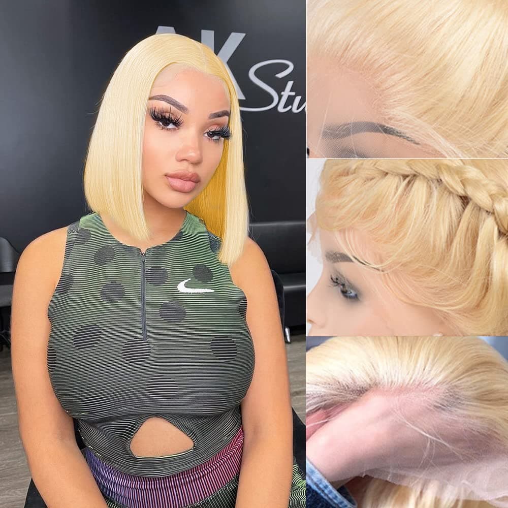 Akcswo 613 Bob Wig Human Hair 13X4 Blonde Frontal Bob Wig Human Hair Pre Plucked Bleached Knots 150% Density 613 Lace Front Wig Human Hair Bob Straight 613 Short Bob Wigs Human Hair for Women 10 inch