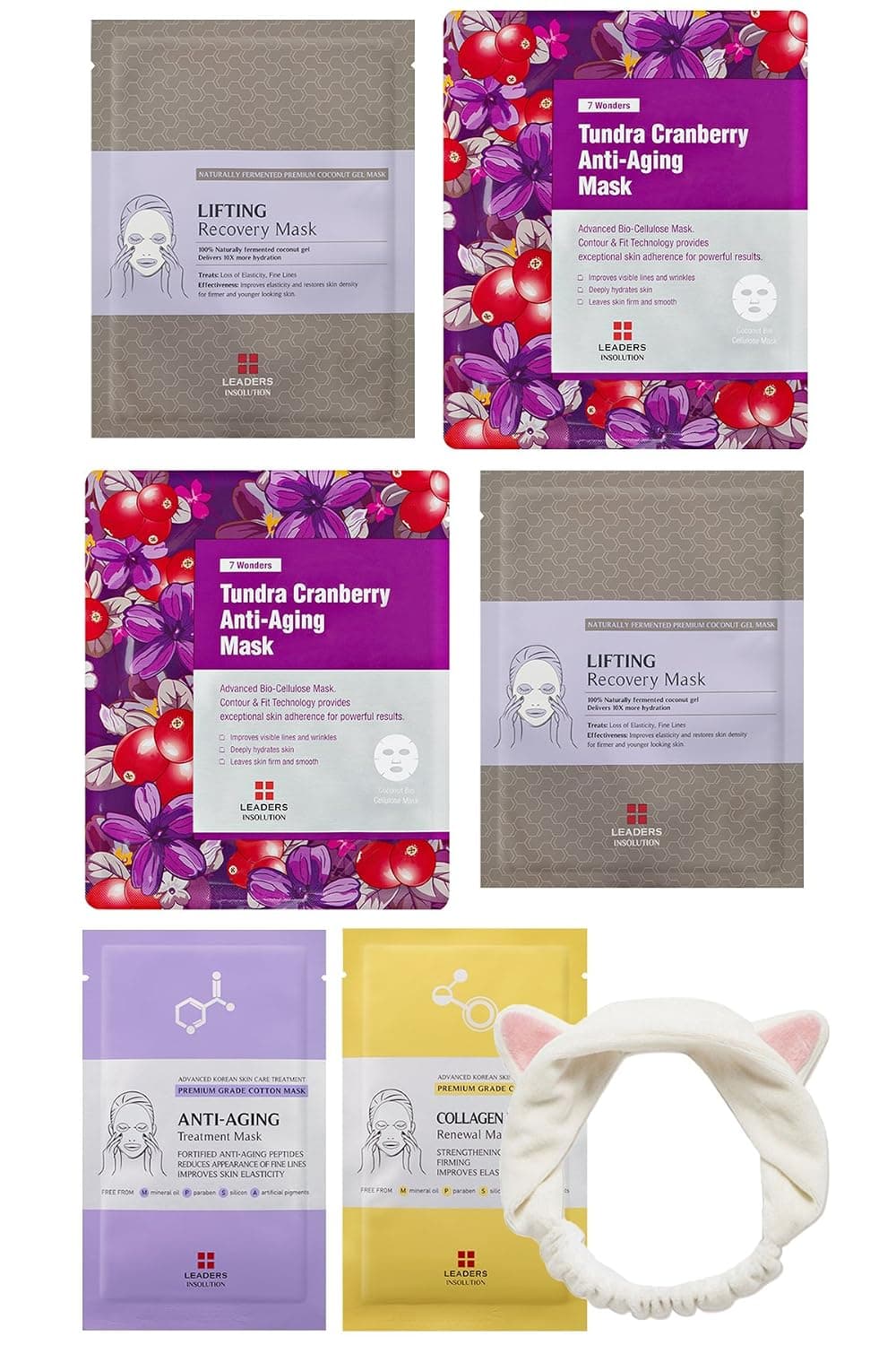 [Leaders Insolution] Full Face Facial Mask Sheet, 6 Combo Pack - Ageless Wonder Kit [Anti-Aging] with a Cat Ear Headband [2 Cotton Face Sheet Masks + 4 Coconut Gel Bio-Cellulose Face Sheet Masks]