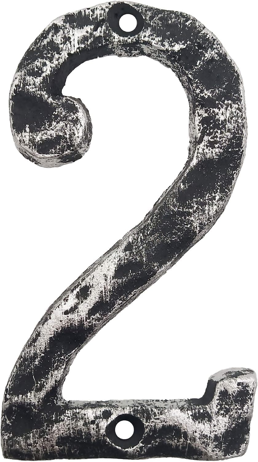 5.5 Inch House Numbers- Cast Iron Home Address Number- Solid & Heavy Duty/ Easy Install with Matching Screws, Antique Silver Finished Number 2