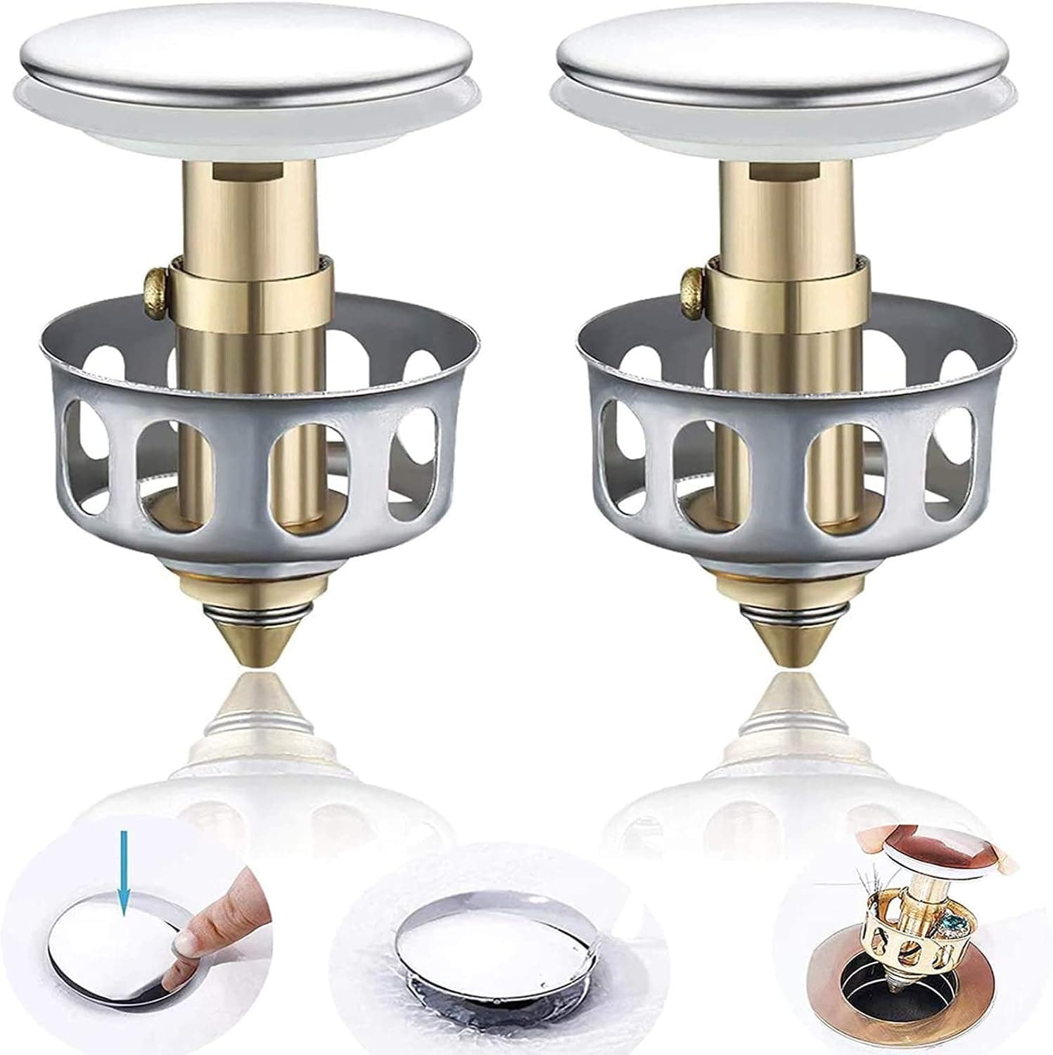2Pcs Universal Wash Basin Bounce Drain Filter, No Overflow Pop Up Bathroom Sink Drain Plug with Basket, Universal Kitchen Bathroom Strainer Sink Drain Stopper 1.38'' Diameter