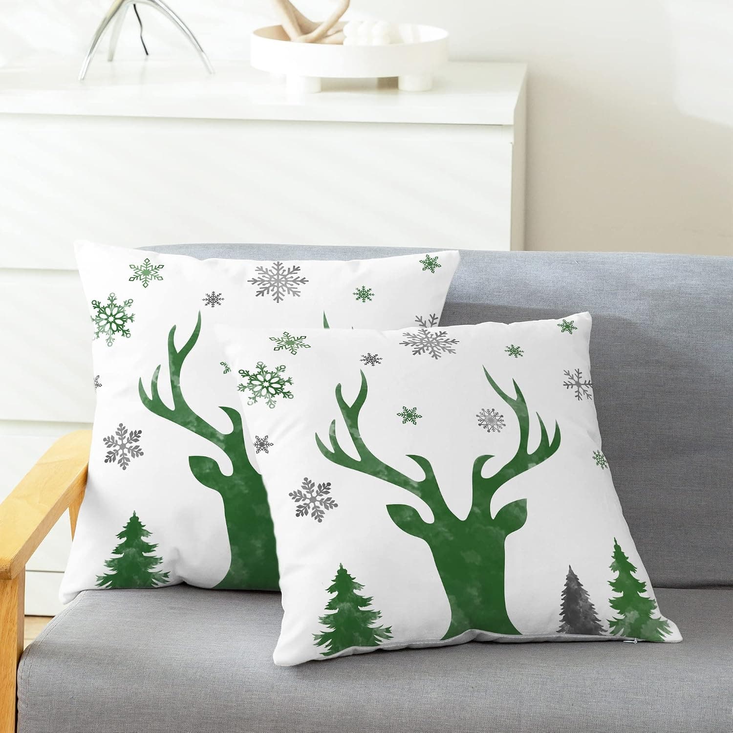 CaliTime Throw Pillow Cases Pack of 2 Cozy Watercolor Christmas Snowflakes Reindeer Tree Decorative Cushion Covers for Couch Bed Sofa Farmhouse Decoration 16 X 16 Inches Christmas Green
