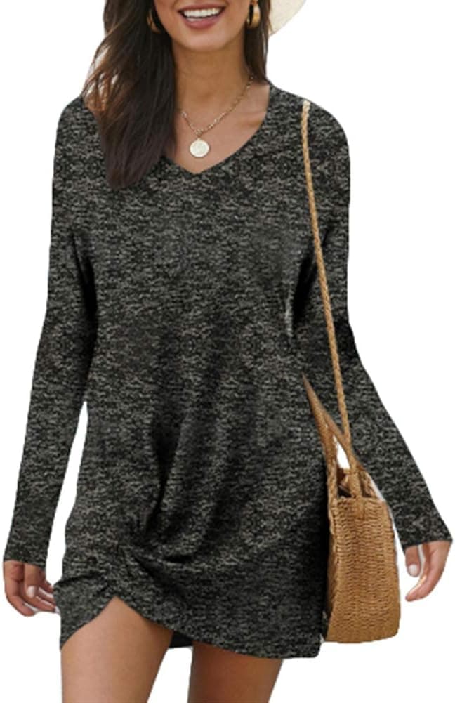 Urchics Womens Casual Loose Long Sleeve T Shirt Dresses Side Knot Mini Dress