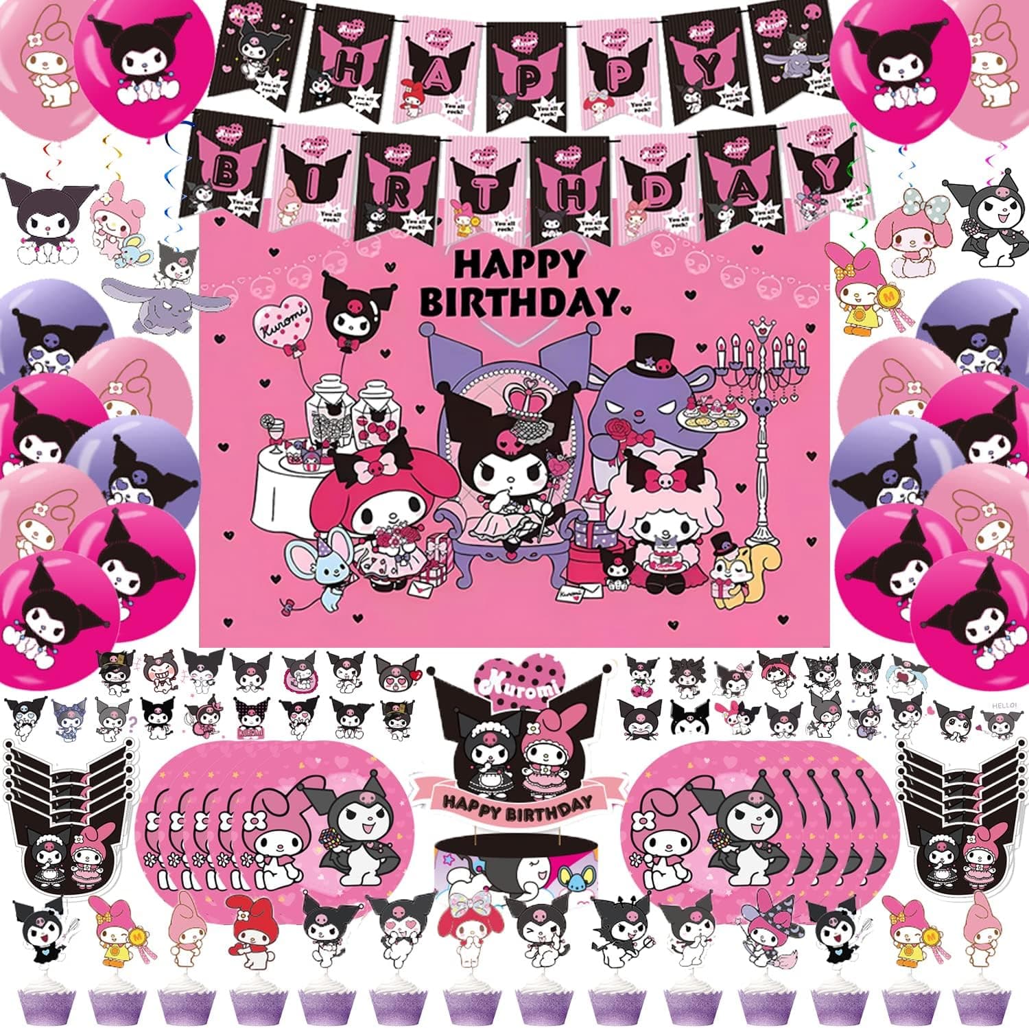 Kuromi Birthday Decorations for Girls, Anime Party Supplies Include Banner, Cake Topper, Backdrop, Plates, Balloons, Stickers, Kawaii Cartoon Party Supplies for Kids and Fans