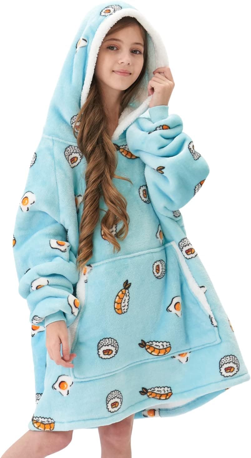 Qeils Oversized Wearable Blanket Hoodie for Kids,Hooded Sherpa Fleece Blanket Sweatshirt with Giant Pocket,Holiday Gifts for Children(Kids 7-13YR, Sushi)