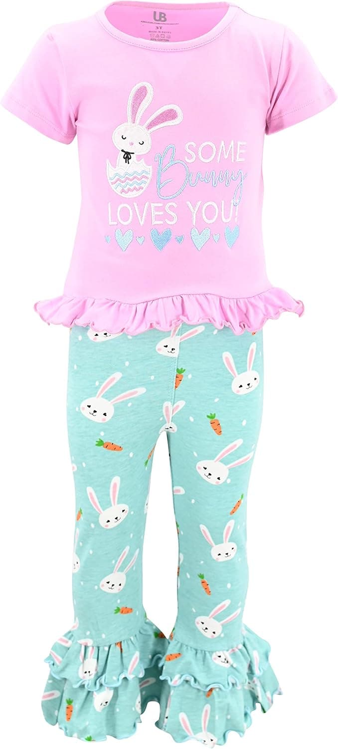 Unique Baby Girls Some Bunny Loves You Ruffle Pants Easter Outfit