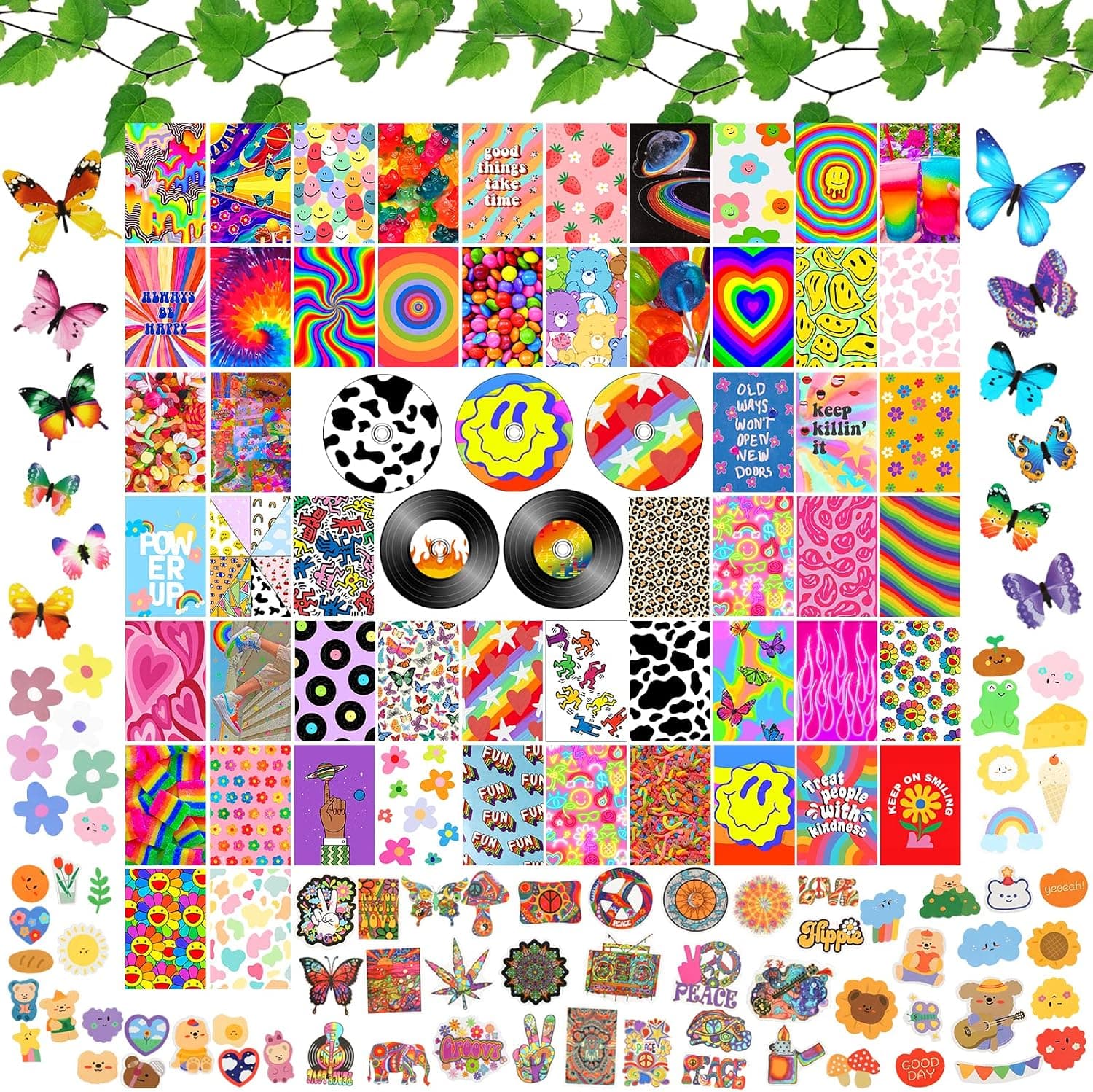 133PCS Indie Room Decor Indie Wall Photo College Kit,Y2k Kidcore Hippie Trippy Grunge Room Decor Aesthetic 55 Indie Images 60 Indie Stickers 5 Indie CD 1 Plants Vine for Teen Girls Students Room Decor