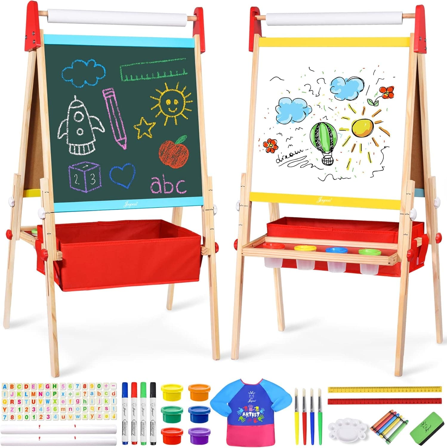 Joyooss Deluxe Art Easel for Kids with 2 Paper Rolls, 6 Finger Paints & Painting Supplies Accessories, Double Sided Magnetic Kids Easel, Height Adjustable Chalkboard & Whiteboard Children Easel
