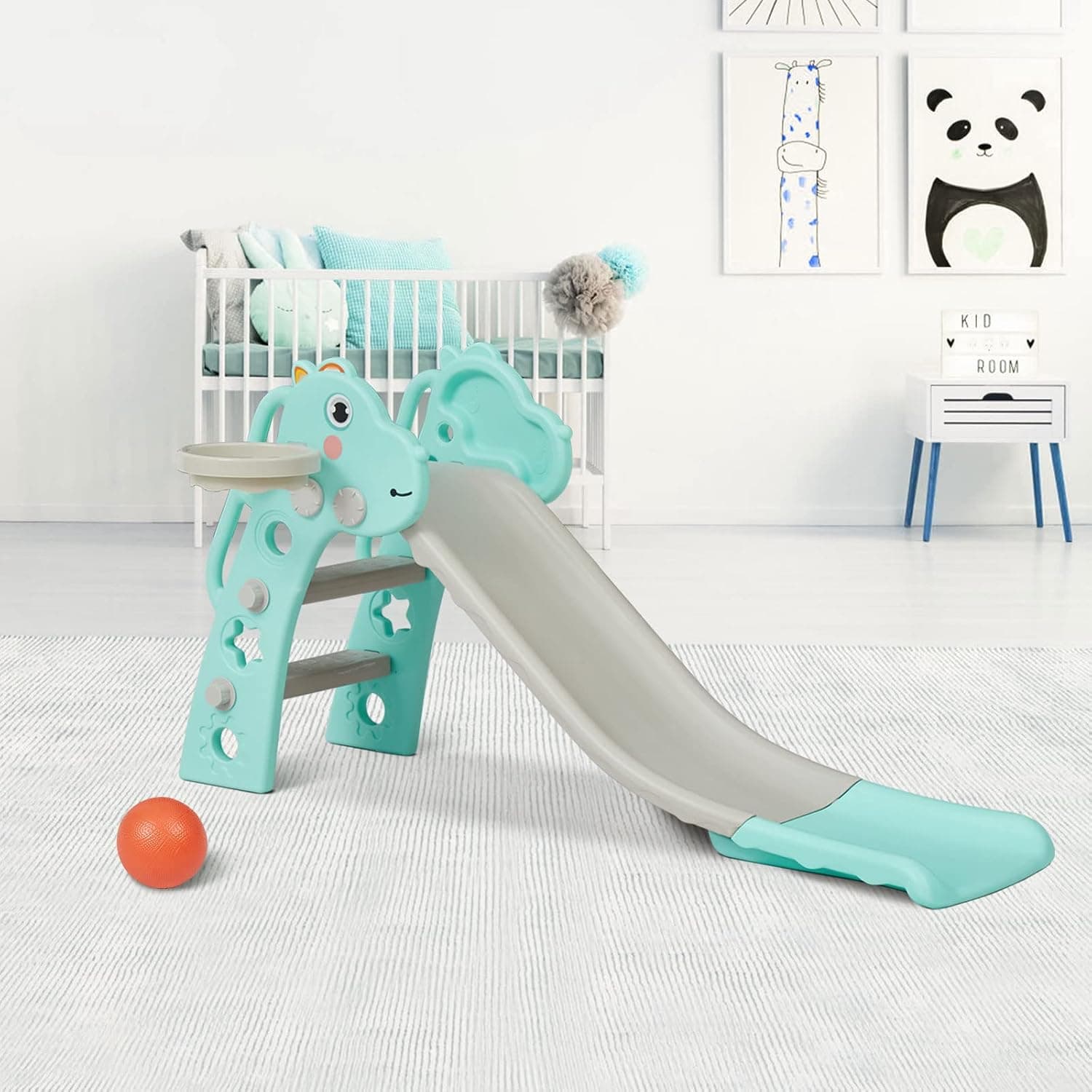 Elepude 3 in 1 Toddler Slide,Kids Slide for Toddlers Age 1-3，Indoor and Outdoor Freestanding Baby Slide Climber Playset w/Basketball Hoop and Ball，Green