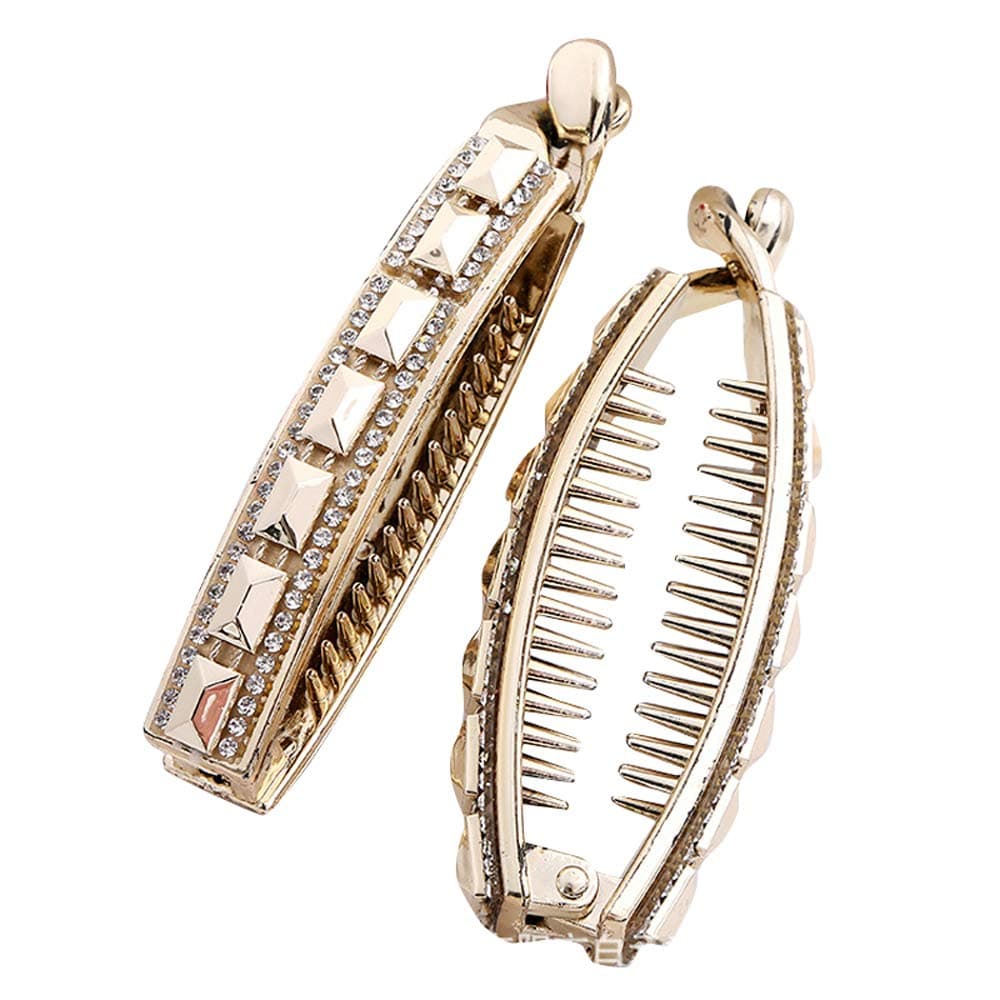 2 Pack Metallic Glitter Banana Hair Clip Diamond Ponytail Holder Hair Clips No Slip Grip Teeth Clamp Hair Grip Hairpins Hair Styling