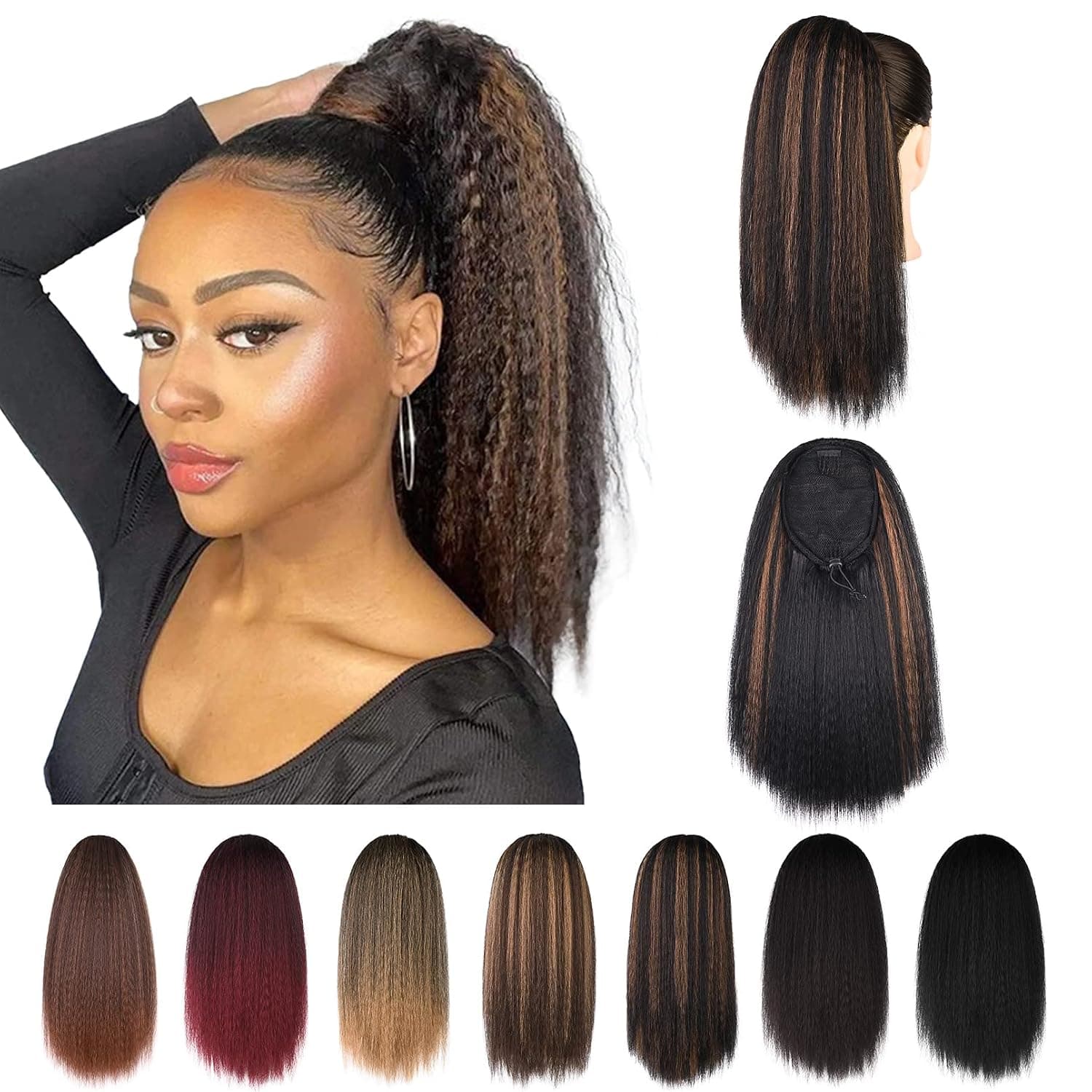 SEIKEA Yaki Drawstring Ponytail Extension Short Kinky Straight Fluffy Thick Hair Extensions Ponytail Synthetic Clip in Pony Tail Hairpiece 16 Inch Black with Golden Brown Highlights