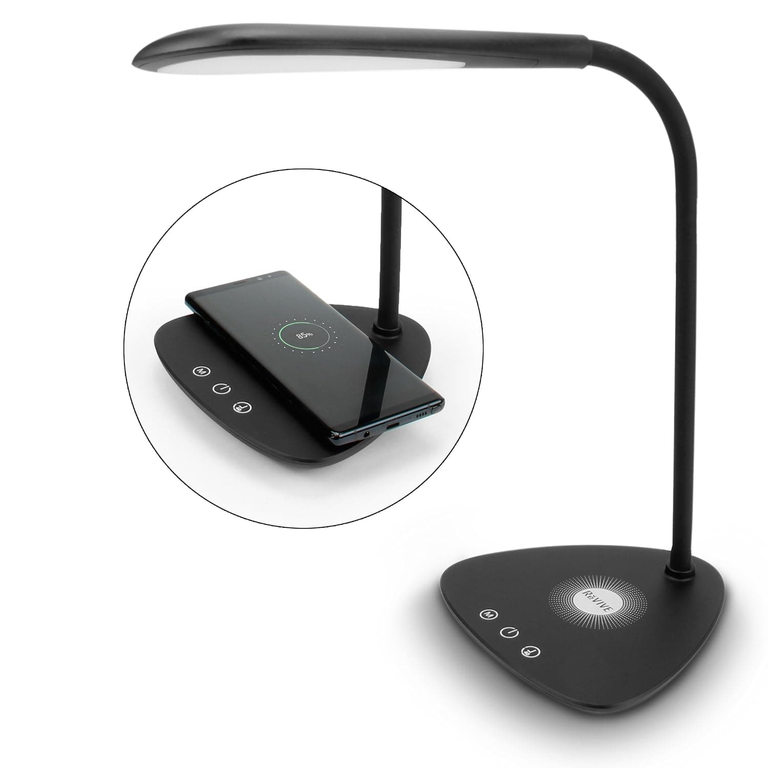 REVIVE LED Dimmable Desk Lamp with Wireless Charging Pad - 3 Color Temperatures, Touch Controls, Brightness Slider, 40 Minute Auto Off Timer - Charger Compatible with All Qi-Enabled Devices
