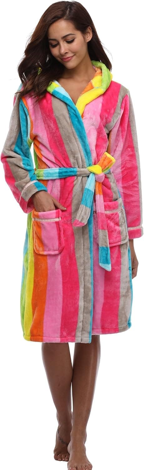 Women's Plush Fleece Robe with Hood Warm Bathrobe Soft Hooded Housecoat Sleepwear