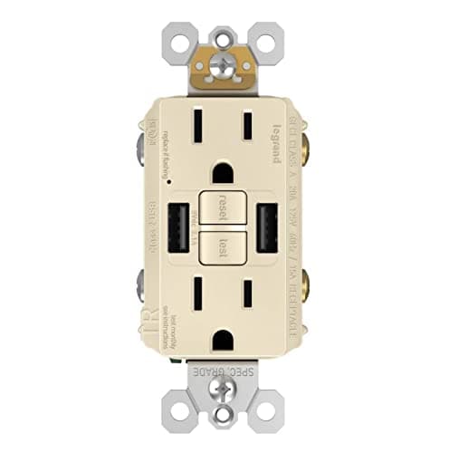 Legrand Radiant® USB GFCI Outlet, 15A Tamper-Resistant, Self-Test, Type-A/A, Light Almond, 1597TRUSBAALA