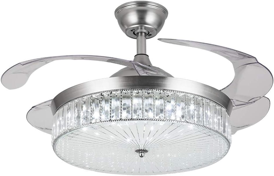 SuxiDi 42" Crystal Lighting Retractable Acrylic Blades Ceiling, Fixture Fan with Light, silver LED Chandelier,Remote Control 3 Speeds 3 Color Changes [US Stock]