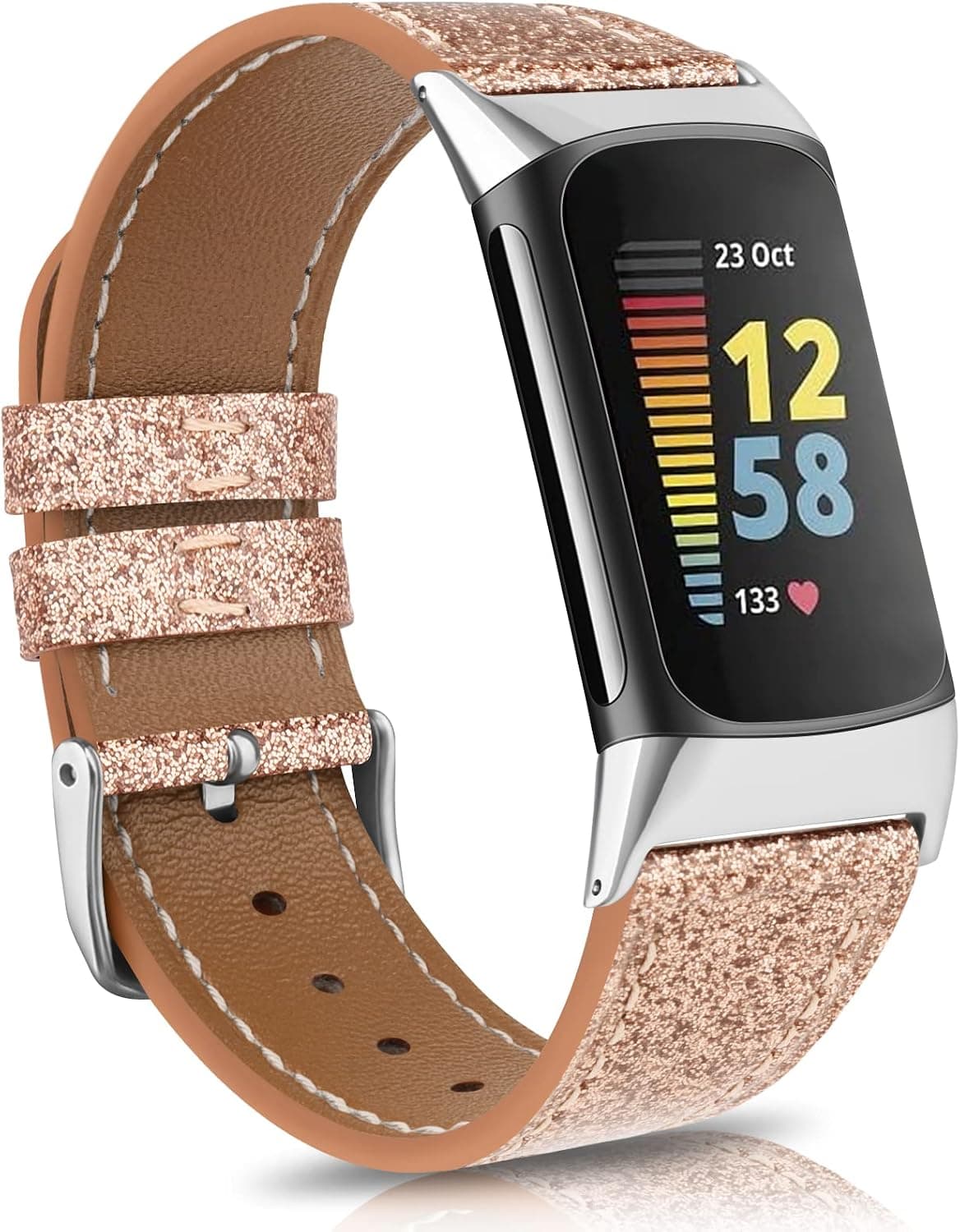 Tobfit Leather Band for Fitbit Charge 5 Bands for Women Men Top Grain Leather Replacement Watch Band for Fitbit Charge 5 Accessories (Rose Gold Glitter)