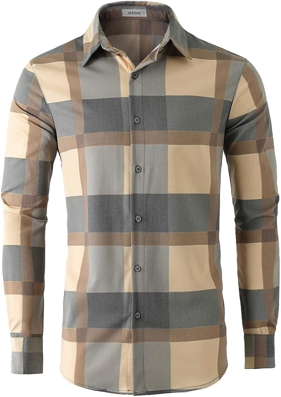 JEEGAL Men's Printed Cotton Casual Long Sleeve Regular Fit Dress Shirt(GZ Khaki L)