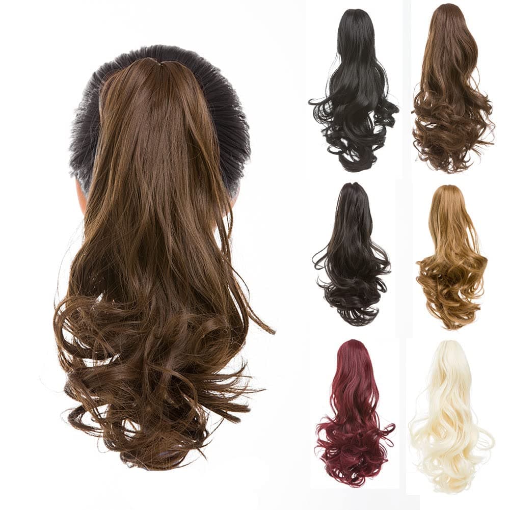 MOONSHOW Medium Brown Short Curly Ponytail Extension 12 Inch Clip on Ponytails for Women Short Jaw Ponytails Pony Tail Hairpiece Synthetic Claw Clip Ponytail Extension (Medium Brown)