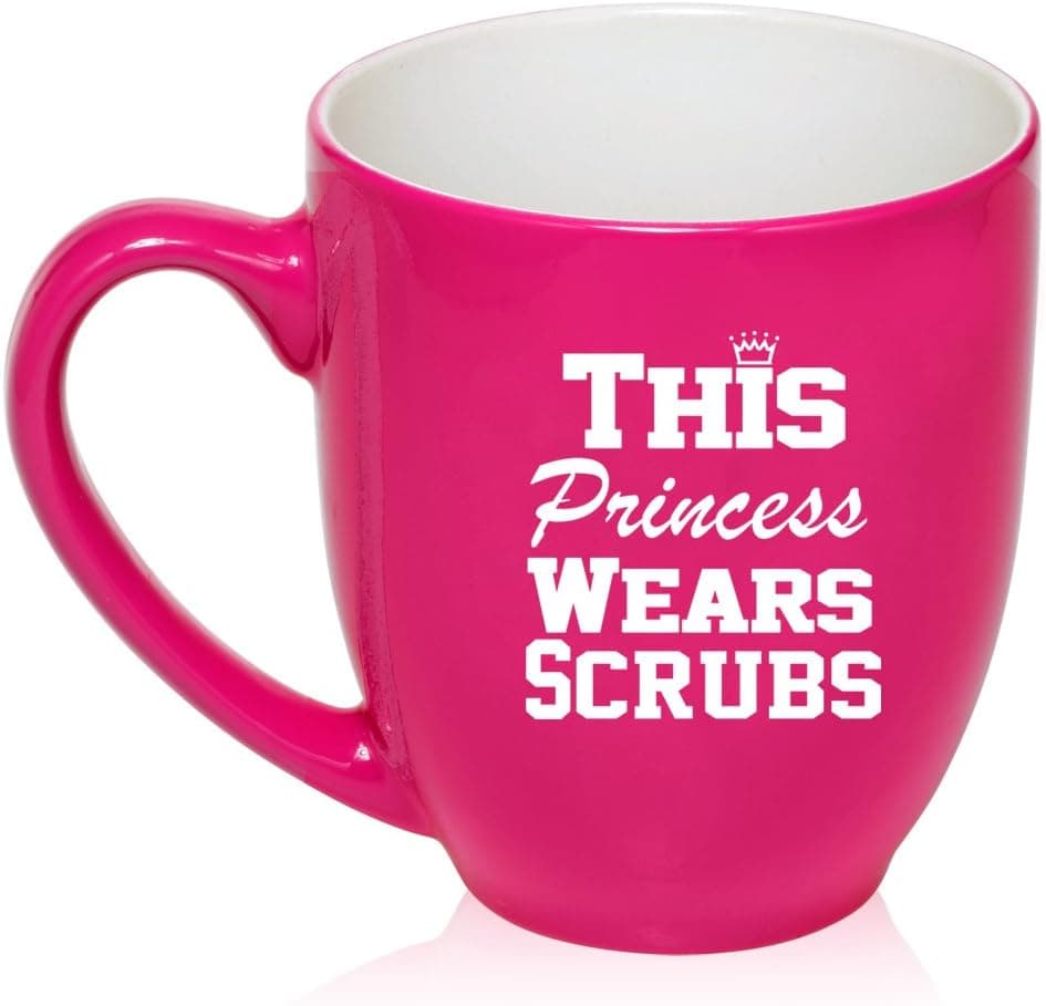 16 oz Large Bistro Mug Ceramic Coffee Tea Glass Cup This Princess Wears Scrubs Nurse (Hot Pink)
