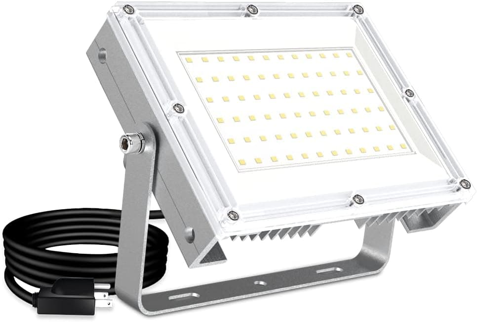 WERISE LED Flood Light Outdoor with Plug in, 50W 5000LM 6000K Daylight IP65 Waterproof Adjustable Angle Outdoor Security Lights for Patio Yard Playground Garden Parking Lot