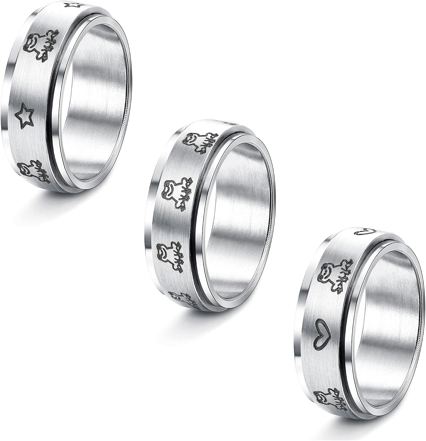 Magitaco 3 Pcs Stainless Steel Spinner Rings for Women Men Frog Heart Star Stress Relieving Wedding Promise Fidget Band Rings Size 5-13