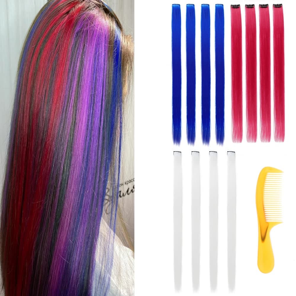 22 Inch Colored Hair Extensions 12 Packs Multi-colors Party Highlights Clip in for Women and Kids Colorful Straight Long Hair Extensions Rainbow Hair Extension (White+red+blue)