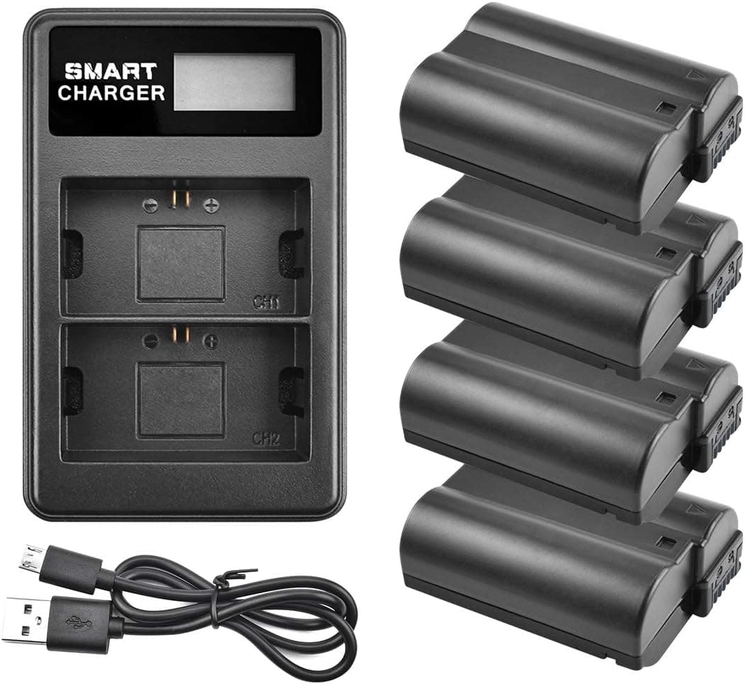 Bonacell EN-EL15 Battery(4 Pack) and LCD Dual Charger Compatible with Nikon 1 V1, D850, D7500, D7000, D7100, D7200, D800, D800E, D810, D810A, D750, D600, D610 Digital SLR Camera