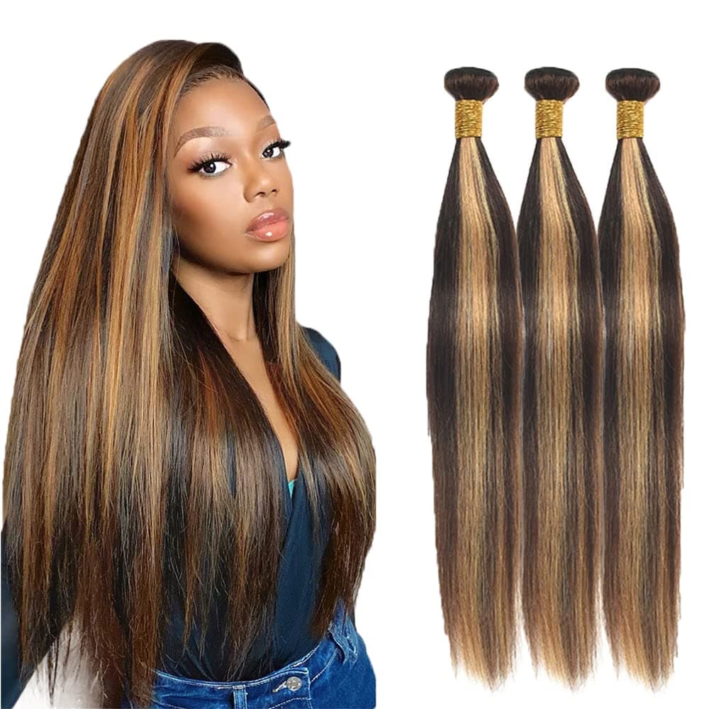 Ombre Highlight Bundles Human Hair 3 Bundles 10 12 14 Inch Brown Highlight Straight Bundles Brazilian Unprocesssed Virgin Hair Extensions 3 Bundles 100% Brazilian Remy Hair Double weft Hair p4/27 Color
