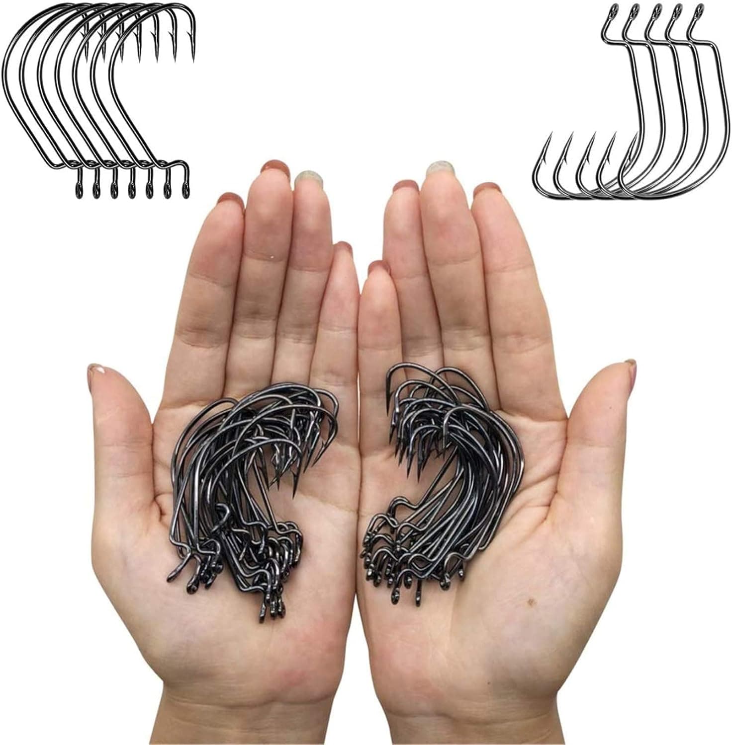 DAMIDEL 50PCS Strong High Carbon Steel Fishing Hooks,Barded Design,Worms Senko Soft Bait Fishhook Set ，Available in 7 Sizes, lndividually Packaged