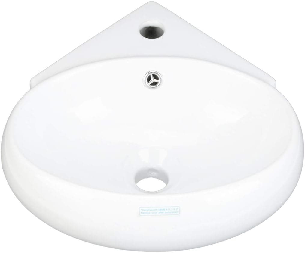Renovators Supply Manufacturing Corner Wall Mount Bathroom Sink 15 3/4 in. White Ceramic Oval Countertop Vessel Sink with Overflow and Single Faucet Hole