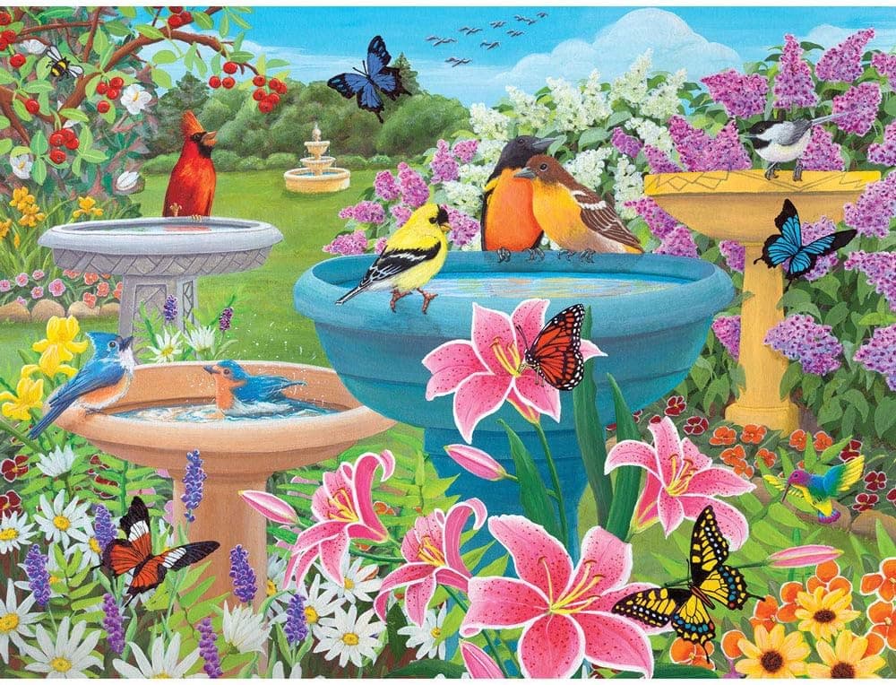 Bits and Pieces - 300 Piece Jigsaw Puzzle for Adults 18" x 24"  - Birdbath Haven - 300 pc Butterfly Flower Bird Bath Spring Jigsaw by Artist Kathy Bambeck