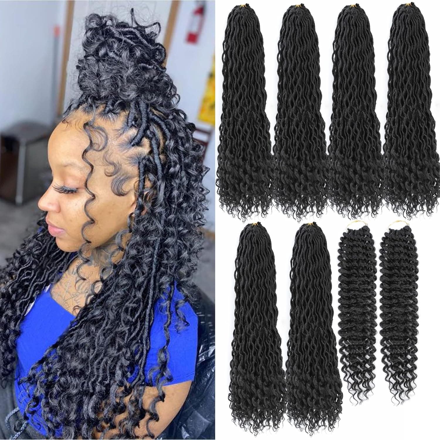 8 Packs New Goddess Locs Crochet Hair 18 Inch River Curls Crochet Hair Boho Faux Locs Wavy Crochet Hair with Curly End Boho Style Synthetic Braid Hair for Black Women (#1B)