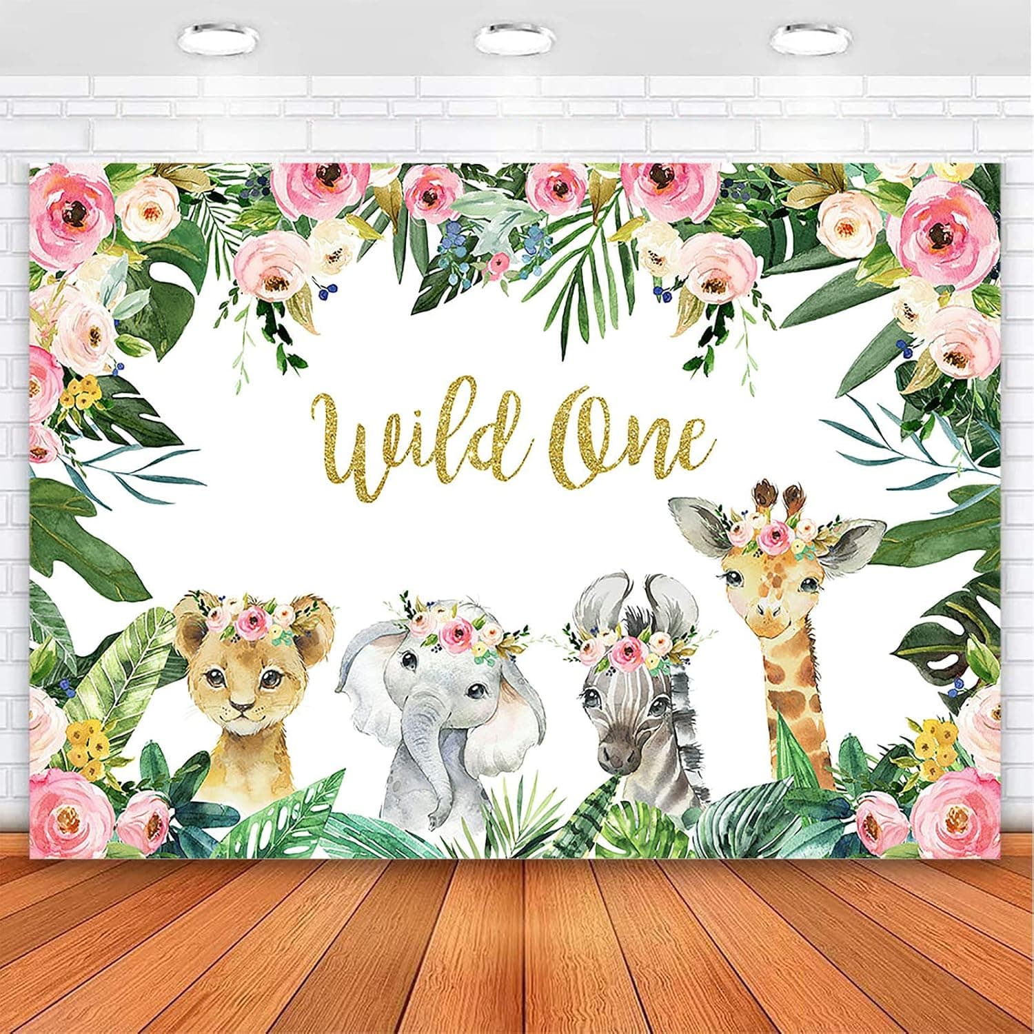 Mocsicka Girl Wild One Backdrop Jungle Safari Animals 1st Birthday Vinyl Photo Background 7x5ft Gold Wild One Birthday Banner Backdrops for Girls Cake Dessert Table Decorations