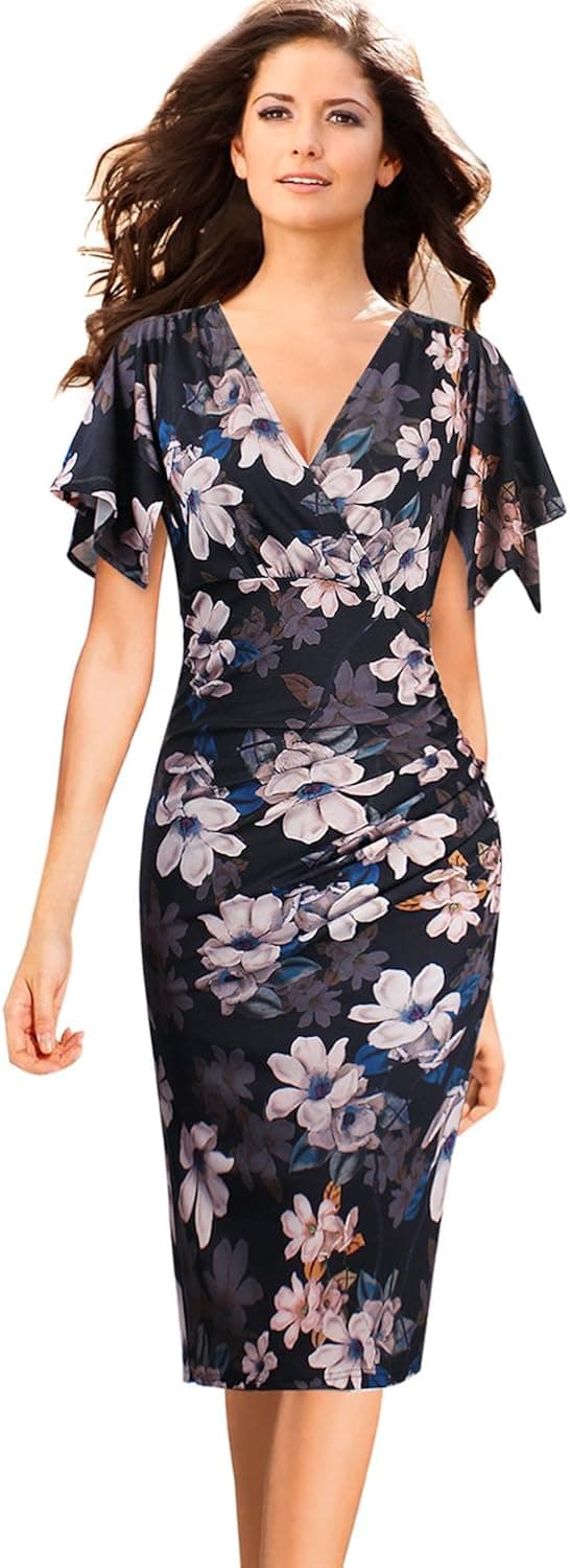 VFSHOW Womens V Neck Flutter Sleeves Ruched Casual Cocktail Faux Wrap Dress 559 FLW L