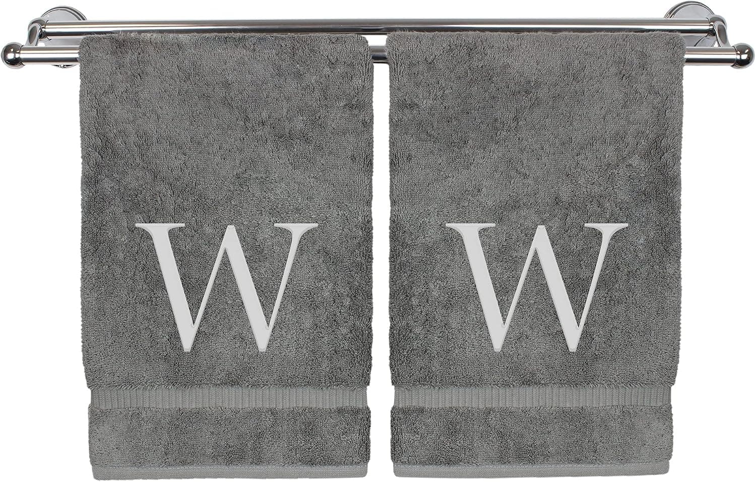 Monogrammed Hand Towel, Personalized Gift, Set of 2- Silver Block Letter Embroidered Towel - Extra Absorbent 100% Turkish Cotton - Soft Terry Finish - Initial W Gray
