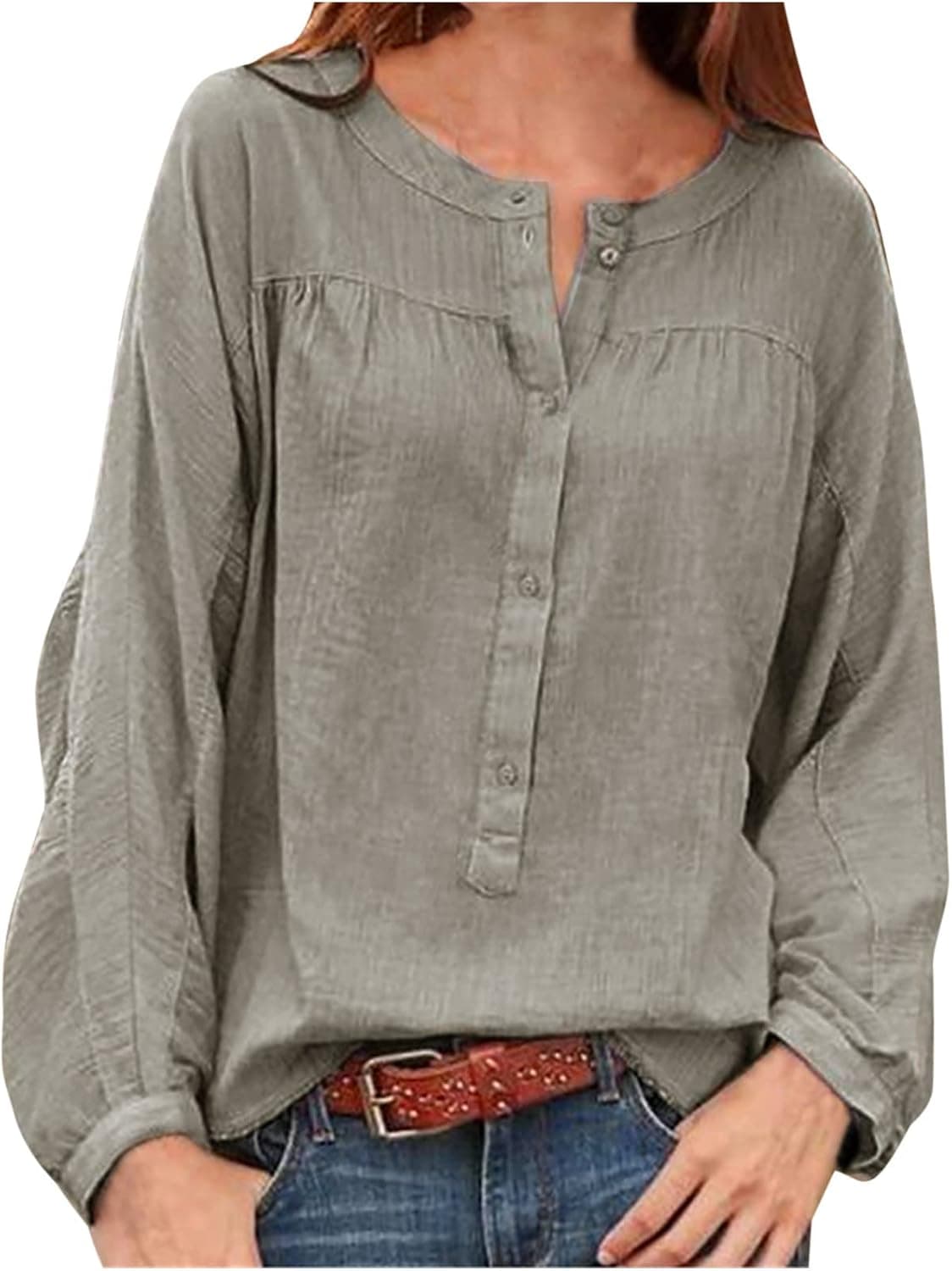 Women’s Casual Henley Tunic Tops Loose Batwing Long Sleeve Quarter Button Up Vintage Peasant Tee Shirts Tshirts Blouse