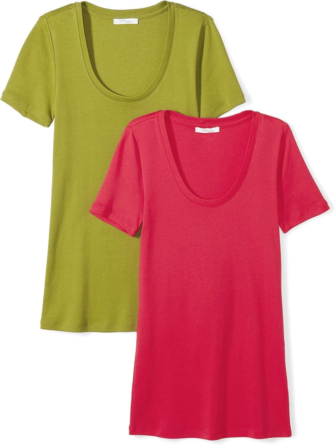 Amazon Brand - Daily Ritual Women's Midweight 100% Supima Cotton Rib Knit Short-Sleeve Scoop Neck T-Shirt, 2-Pack, Fuchsia/Woodbine Green,Large
