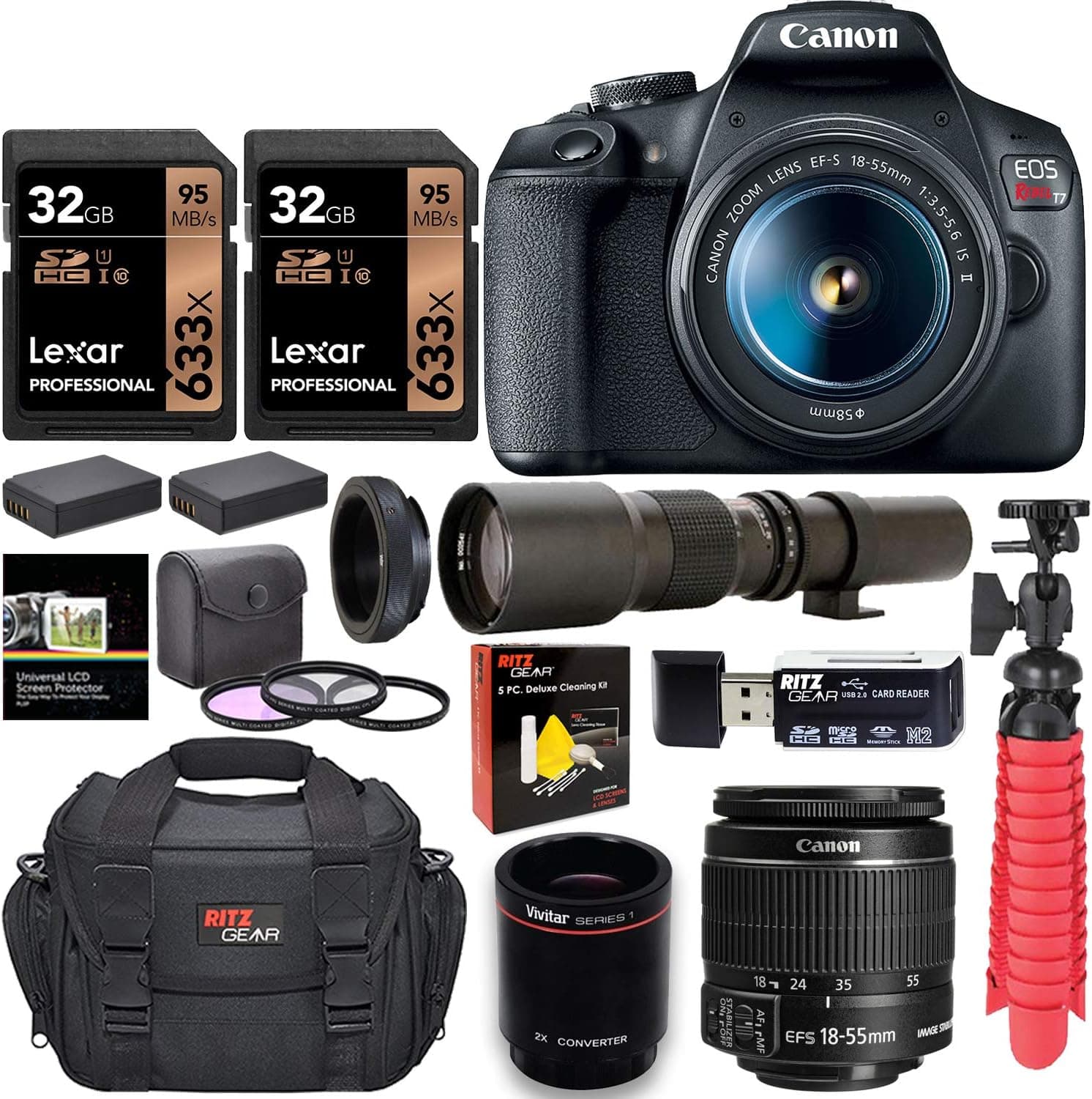 Canon EOS Rebel T7 DSLR Camera Zoom Kit(Successor for EOS Rebel T6) + 500mm Preset f/8 Telephoto Lens + Tripod+ Lexar 64GB Bundle