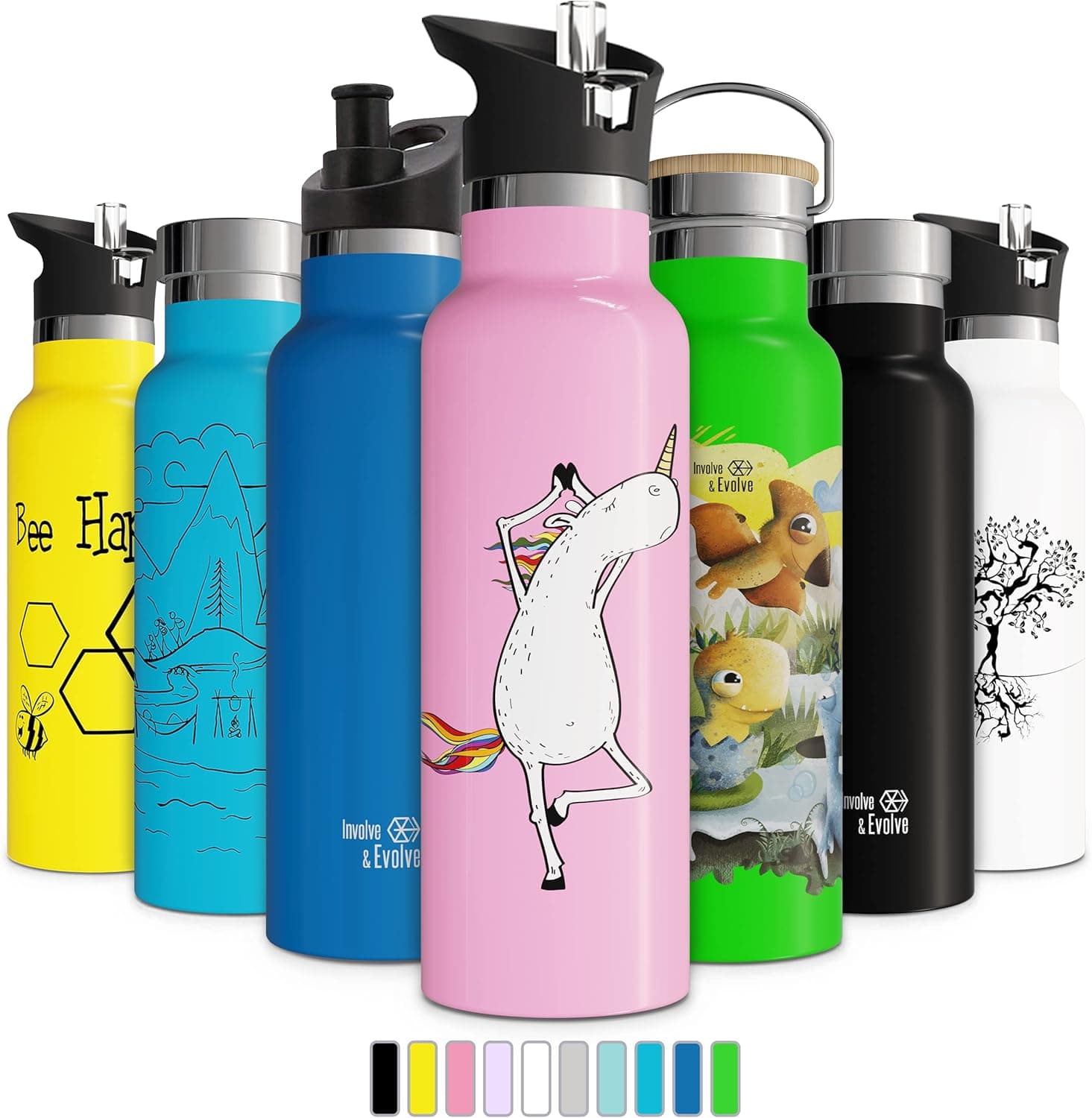 Involve & Evolve Insulated Water Bottle with 3 Lids (Straw Lid) Kids Reusable Double Walled Stainless Steel Flask Metal Thermos 12oz 17oz 20oz 25oz