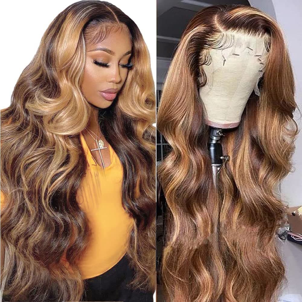 Originea Balayage FB30 Body Wave Highlight 13x4 Transparent HD Lace Front Human Hair Wigs for Black Women 10A Brazilian Remy Hair Ombre Highlights Lace Frontal Wigs 150% Density Pre-Plucked with Baby Hair (16 Inch, 13X4 Lace Front Wig 4/27# Color)