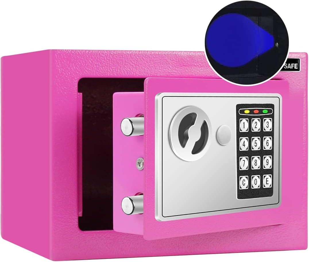 JUGREAT Safe Box with Induction Light,Electronic Digital Security Safe Steel Construction Hidden with Lock，Wall or Cabinet Anchoring Design for Home Office Hotel Business 0.23 Cubic Feet Pink