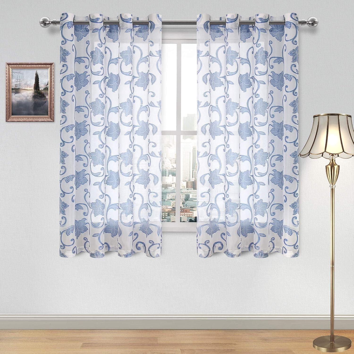 DWCN Sheer Curtains - Faux Linen Floral Jacquard Semi Voile Grommet Curtains for Bedroom and Living Room, Set of 2 Window Curtain Panels, 52 x 54 Inch, White and Navy Blue