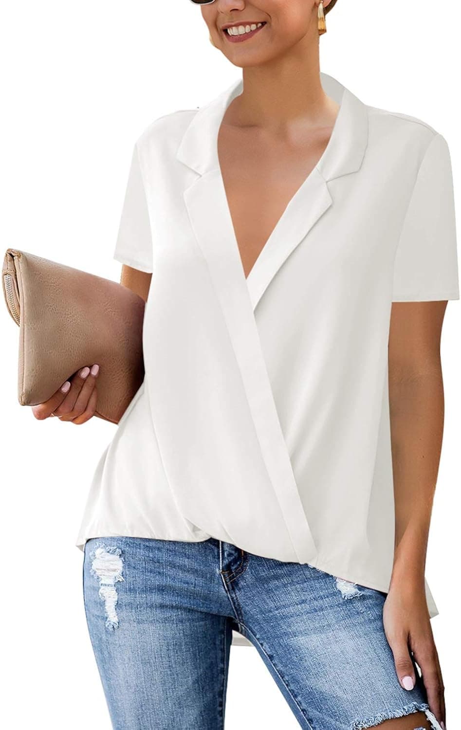 LookbookStore Women's V Neck Faux Wrap 3/4 Bell Sleeves Mesh Panel Blouses Tops