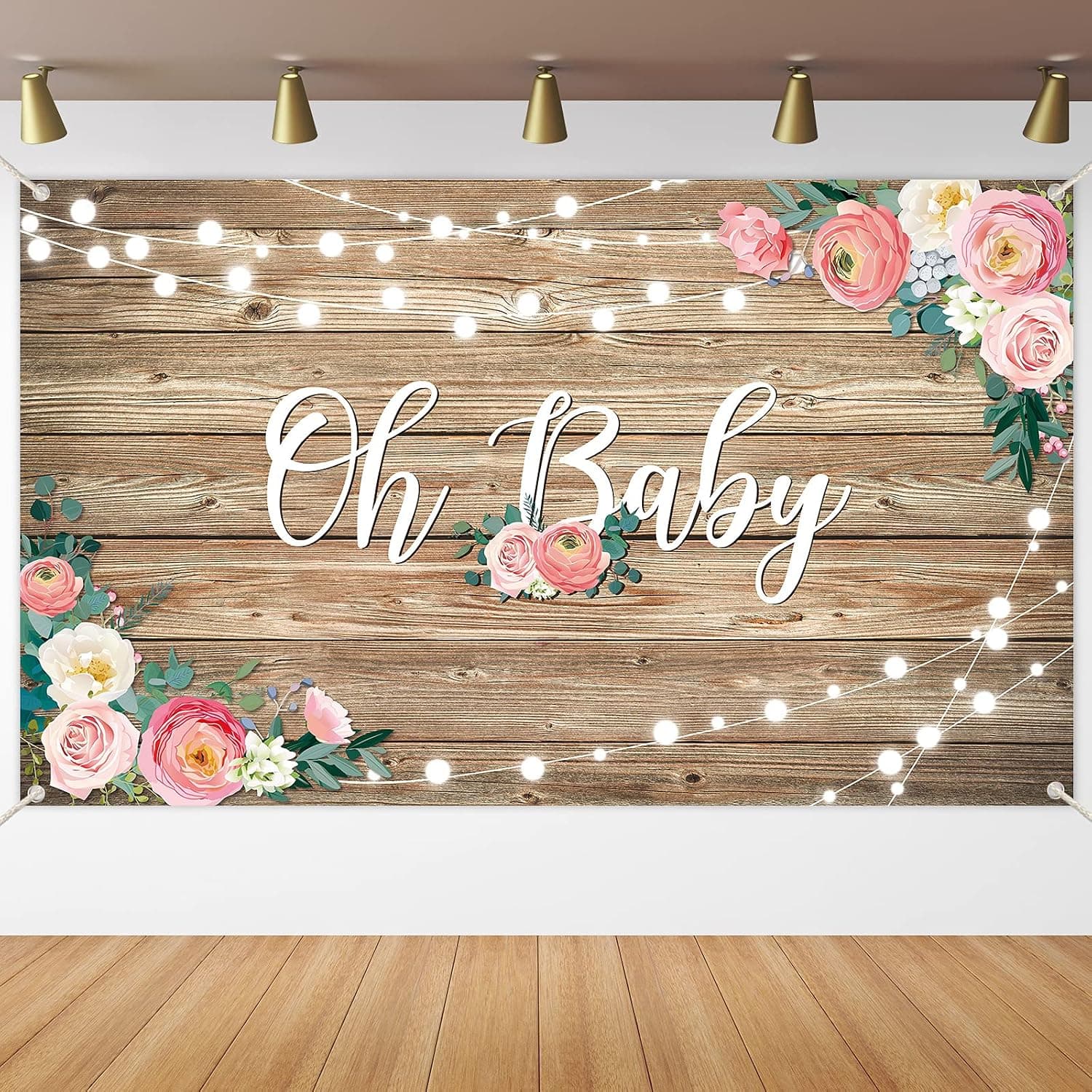 Rustic Wood Baby Shower Backdrop Banner Oh Baby Floral Baby Shower Decorations for Girls and Boys Wood Floor Flower Wall Newborn Birthday Party Photo Shoot Booth