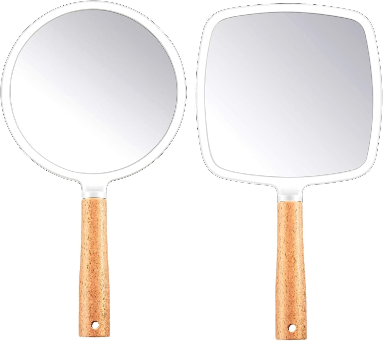 2 Pieces Hand Mirror Portable Wooden Hand Makeup Mirror Handheld Mirror with Handle Round and Square Travel Makeup Mirror