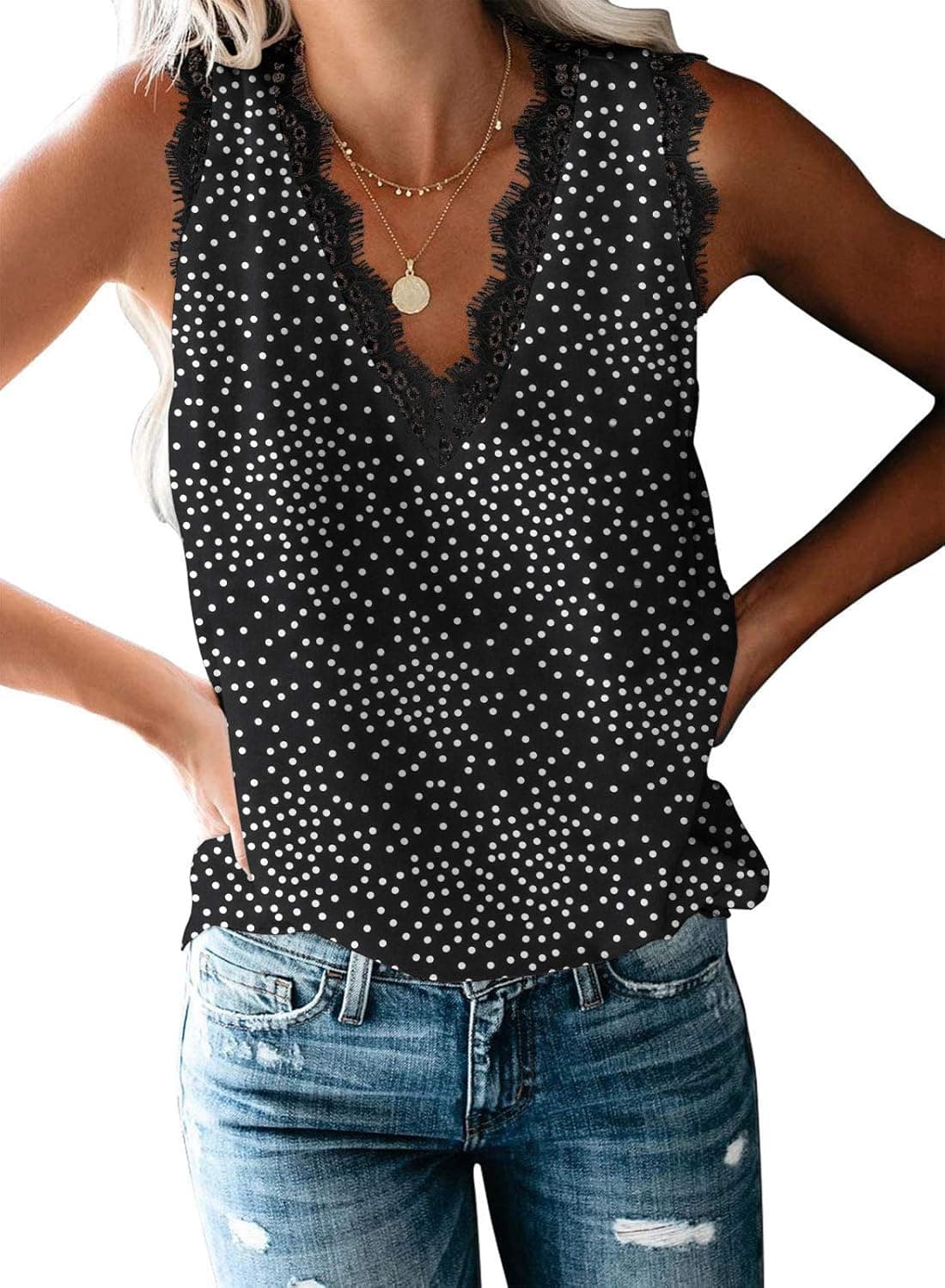 VIISHOW Women Ladies Sexy V Neck Lace Trim Tank Tops Dressy Camisole Casual Loose Sleeveless Chiffon Blouse Shirts