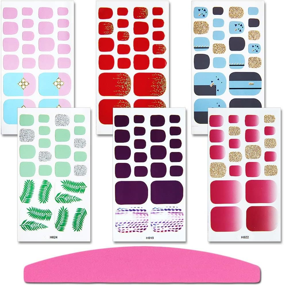 SILPECWEE 6 Sheets Glitter Toe Nail Polish Strips Stickers Tips and 1Pc Nail File Leaf Adhesive Nail Art Wraps Decals Manicure Kit for Women