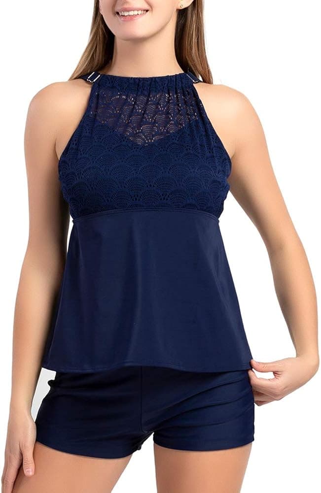 KEEPRONE Women's Tiered Tankini Swimsuit Plus Size Two Piece Swimwear Ruffle Bathing Suit Tops with Bikini Bottoms